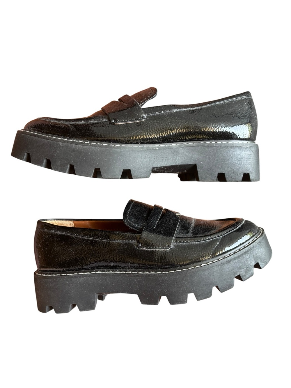 Franco Sarto Black Patent Leather Lug Sole Penny Loafers Size 6 Preppy Chic